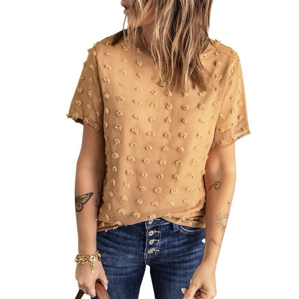 Swiss Dot Round Neck Camel Colored Women's Top Size 2XL